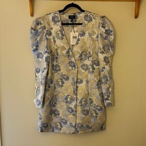 Bardot Floral Long Sleeve Dress - Blue and Cream